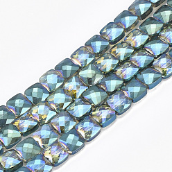 Light Sea Green Electroplate Glass Beads Strands, Faceted, Square, Light Sea Green, 6.5x6.5x4mm, Hole: 1mm, about 100pcs/strand, 23.62~25.1 inch(60~63.7cm)