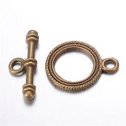Antique Bronze Tibetan Style Alloy Ring Toggle Clasps, Nickel FreE, Antique Bronze, Ring: 22x17x2mm, Hole: 2.5mm, Bar: 24x9x4mm, Hole: 3mm