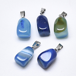 Sky Blue Natural Banded Agate/Striped Agate Pendants, Dyed, with Stainless Steel Snap On Bails, Cuboid, Stainless Steel Color, Sky Blue, 20~23x9~13x9~13mm, Hole: 3~4x7~8.5mm