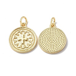 Real 18K Gold Plated Brass Pendants, Cadmium Free & Lead Free, Textured, Flat Round with Cross Charm, Real 18K Gold Plated, 16x14x2mm, Ring: 5x0.8mm, Hole: 3.3mm