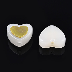 Ivoire Imitation perles de verre peintes à la bombe de jade, avec les accessoires en laiton plaqués or, cœur, blanc crème, 12x12x5mm, Trou: 1mm