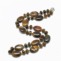 Tiger Eye Natural Tiger Eye Beaded Necklaces, with Alloy Lobster Clasps, Oval, 18.1 inch~18.5  inch(46~47cm), Oval: 18x13.5x5.5~6mm