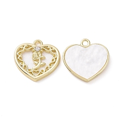 White Alloy Micro Pave Cubic Zirconia Pendants, with Resin, Light Gold, Heart with Rose, White, 19.5x20x3.5mm, Hole: 2mm