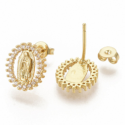 Real 18K Gold Plated Brass Micro Pave Clear Cubic Zirconia Stud Earrings, for Religion, with Earring Backs, Oval with Virgin, Real 16K Gold Plated, 12.5x11mm, Pin: 0.7mm