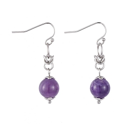 Amethyst Natural Amethyst Dangle Earrings, with 304 Stainless Steel Flower Bead Caps and 316 Surgical Stainless Steel Earring Hooks, 39mm, Pin: 0.6mm