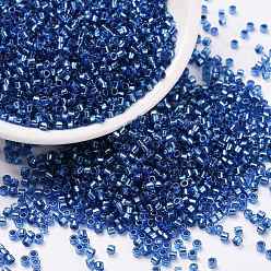 Azul Perlas de semillas cilíndricas, plata forrada, agujero redondo, tamaño uniforme, azul, 2x1.5 mm, agujero: 0.8 mm, sobre 40000 unidades / bolsa, sobre 450 g / bolsa