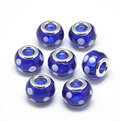 Bleu Perles européennes en lampwork faits à la main, en laiton de platine noyaux doubles, Perles avec un grand trou   , rondelle avec spot, bleu, 14x10.5mm, Trou: 5mm
