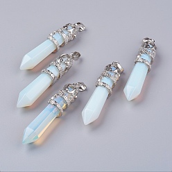 Opalite Opalite gros pendentifs pointus, avec les accessoires en alliage, facette, balle, platine, 59~63x11~12mm, Trou: 4x7mm