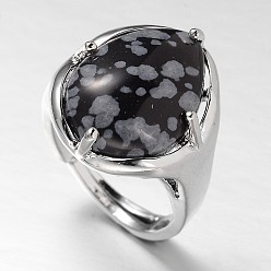 Obsidienne De Flocon De Neige Anneaux larges réglables en laiton de ton platine en forme de larme, obsidienne flocon de neige, 18mm, Plateau: 20x17 mm