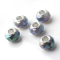 Lilac Electroplated Glass European Beads, Large Hole Beads, with Brass Cores, Silver Color Plated, Imitation Jade, Faceted Rondelle, Lilac, 14x9.5mm, Hole: 5mm