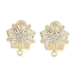 Real 18K Gold Plated Hollow Flower Brass Micro Pave Cubic Zirconia Stud Earrings Finding, with Horizontal Loops, Cadmium Free & Lead Free, Real 18K Gold Plated, 18x15.5mm, Hole: 1.5mm, Pin: 0.8mm