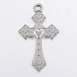 Stainless Steel Color 304 Stainless Steel Pendants, Cross with Heart, Stainless Steel Color, 50x31x3mm, Hole: 2.5mm