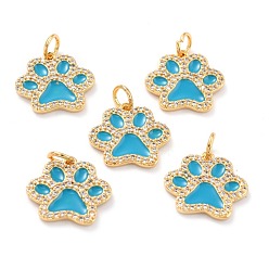 Deep Sky Blue Real 18K Gold Plated Brass Micro Pave Cubic Zirconia Charms, with Jump Ring and Enamel, Long-Lasting Plated, Dog Paw Prints, Deep Sky Blue, 13.5x15x2mm, Jump Ring: 5x1mm, 3mm Inner Diameter