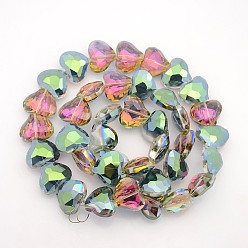 Medium Aquamarine Faceted Heart Electroplate Rainbow Plated Glass Beads Strands, Medium Aquamarine, 16.5x19.5x9mm, Hole: 1mm, about 40pcs/strand, 24.4 inch