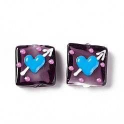 Purple Handmade Lampwork Beads, Square with Arrow Through the Heart Pattern, Purple, 16x15x6mm, Hole: 1.8mm