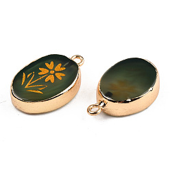 Dark Olive Green Natural Agate Pendants, with Light Gold Plated Brass Edge & Iorn Loops, Gold Powder, Dyed & Heated, Oval with Flower Charm, Dark Olive Green, 23~24x15~16.5x4~6.5mm, Hole: 1.6mm