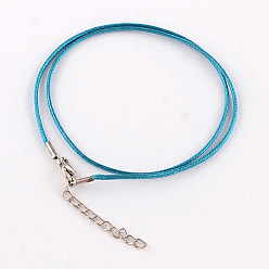 Dark Turquoise Waxed Cotton Cord Necklace Making, with Alloy Lobster Claw Clasps and Iron End Chains, Platinum, Dark Turquoise, 17.4 inch(44cm)