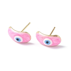 Hot Pink Enamel Curved Oval with Evil Eye Stud Earrings, Real 18K Gold Plated Brass Jewelry for Women, Hot Pink, 7.5x15.5mm, Pin: 0.8mm