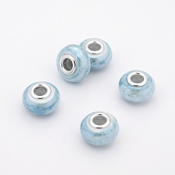 Light Sky Blue Rondelle Handmade Porcelain Large Hole European Beads, with Platinum Plated Brass Double Cores, Light Sky Blue, 15x10mm, Hole: 5mm