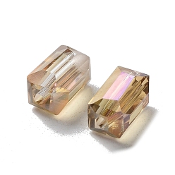 Beige Electroplate Glass Beads, Full Rainbow Plated, Faceted, Cuboid, Beige, 12x6x6mm, Hole: 1mm