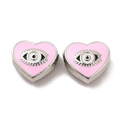 Бледно-Розовый Бисера эмали сплава, сердце с конским глазом, платина, розовый жемчуг, 9x10x4 мм, отверстие : 1.6 мм