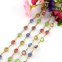 Colorful Handmade Nickel Free Raw(Unplated) Brass Beaded Chains, Unwelded, with Spool with Transparent Flower Glass Beads, Colorful, 6.5mm, about 32.8 Feet(10m)/roll