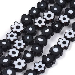 Noir Main millefiori perles de verre brins, fleur, noir, 6.4~9x3.2mm, trou: 1mm, environ 56 pcs/chapelet, 15.75'' (40 cm)
