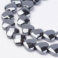 Non-magnetic Hematite Non-magnetic Synthetic Hematite Beads Strands, Faceted, Heart, 8x8x3mm, Hole: 1mm, about 59pcs/strand, 15.74 inch