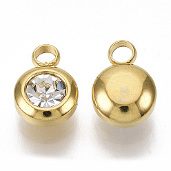 Crystal Rhinestone Charms, April Birthstone Charms, with 201 Stainless Steel, Flat Round, Golden, Crystal, 9x6.5x4mm, Hole: 1.8mm
