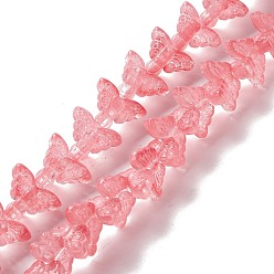 Rosa Caliente Cuentas de vidrio transparente hebra, mariposa, color de rosa caliente, 8x15x4.5 mm, agujero: 1 mm, sobre 60 unidades / cadena, 13.78~14.17 pulgada (35 cm ~ 36 cm)