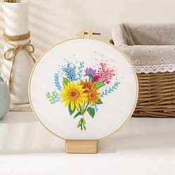 White DIY Bouquet Pattern Embroidery Kit, Including Imitation Bamboo Frame, Iron Pins, Cloth, Colorful Threads, White, 213x201x9.5mm, Inner Diameter: 183mm