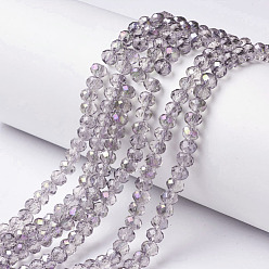 Lilac Electroplate Transparent Glass Beads Strands, Half Rainbow Plated, Faceted, Rondelle, Lilac, 3.5x3mm, Hole: 0.4mm, about 123~127pcs/strand, 13.7~14.1 inch(35~36cm)