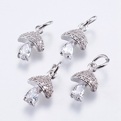 Real Platinum Plated Brass Micro Pave Cubic Zirconia Charms, Cadmium Free & Lead Free, Mushroom, Real Platinum Plated, 11x7.5x4mm, Hole: 3mm