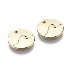 Real 16K Gold Plated Alloy Charms, Cadmium Free & Nickel Free & Lead Free, Flat Round with Wave Pattern, Real 16K Gold Plated, 12x1.5mm, Hole: 1.5mm