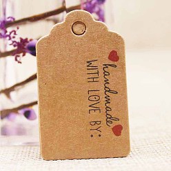 BurlyWood Etiquetas de regalo de papel, etiquetas de suspensión, para manualidades, para la boda, Día de San Valentín, rectángulo con palabra hecha a mano con amor, burlywood, 50x30x0.4 mm, agujero: 5 mm
