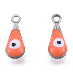 Light Salmon 304 Stainless Steel Enamel Charms, Stainless Steel Color, Teardrop with Evil Eye, Light Salmon, 12x4.5x3mm, Hole: 1.2mm