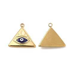 Blue Vacuum Plating 201 Stainless Steel Enamel Pendants, Real 18K Gold Plated, Triangle with Evil Eye Charm, Blue, 14x15.5x2.5mm, Hole: 1.2mm