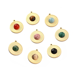 Mixed Stone Natural Gemstone Pendants, with Ion Plating(IP) 304 Stainless Steel Findings, Real 24K Gold Plated, Mixed Dyed and Undyed, Flat Round, 15.5x13.5x3.5mm, Hole: 1mm