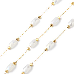 Oro 304 cadenas de eslabones de acero inoxidable, con cuentas de perlas de imitación de vidrio y carrete, sin soldar, Rectángulo, dorado, 2~7x0.7~4.5x0.2~3.5 mm
