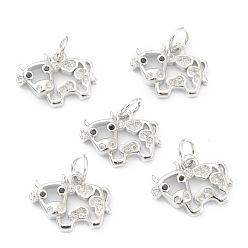 Platinum Brass Clear Cubic Zirconia Charms, Long-Lasting Plated, with Jump Ring, Cow, Platinum, 10x13.5x2.5mm, Hole: 3.5mm