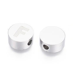 Letter F 304 Stainless Steel Beads, Flat Round with Letter, Letter.F, 10x4.5mm, Hole: 2mm