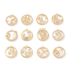 Constellation Real 18K Gold Plated Brass Micro Pave Clear Cubic Zirconia Pendants, with Shell, Long-Lasting Plated, Flat Round with Constellation, 12 Constellations, 21x18x3mm, Hole: 1.8mm