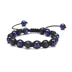 Prussian Blue Round Stone Braided Bead Bracelets Set, Natural Tiger Eye & Synthetic Black Stone Beads Stackable Bracelets for Women, Prussian Blue, Inner Diameter: 2-1/4~3-1/2 inch(5.6~8.8cm)