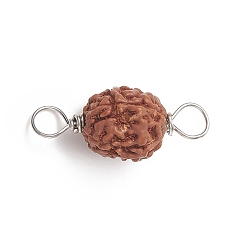 Platinum Round Natural Wood Connector Charms, Sienna Rudraksha Links, with Copper Wire, Platinum, 20~22.5x9~10.5mm, Hole: 3.5~3.9mm