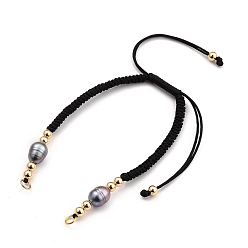Noir Fabrication de bracelet en fil de nylon tressé réglable, avec des perles en laiton, perles de culture d'eau douce naturelles et 304 anneaux de saut en acier inoxydable, noir, 6-7/8 pouces ~ 11-5/8 pouces (17.3~29.5 cm), 3.7mm, Trou: 3.6mm