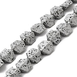 Platinum Plated Electroplated Natural Lava Rock Beads Strands, Hexagon, Platinum Plated, 8.5~9x8.5x4~4.5mm, Hole: 1mm, about 45pcs/strand, 15.35''~15.75''(39~40cm)