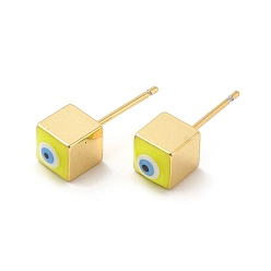 Yellow Long-Lasting Plated Cube with Enamel Evil Eye Stud Earring, Real 18K Gold Plated Brass Jewelry for Women, Yellow, 6x6mm, Pin: 0.8mm