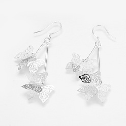 Silver Brass Dangle Earrings, Hollow Butterfly, Silver Color Plated, 63mm, 48x15.5x1mm, Pin: 0.5mm
