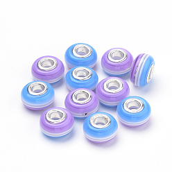 Pourpre Moyen Résine perles européennes, Perles avec un grand trou   , avec doubles cœurs en laiton argenté, stripe, rondelle, support violet, 14x8~8.5mm, Trou: 5mm