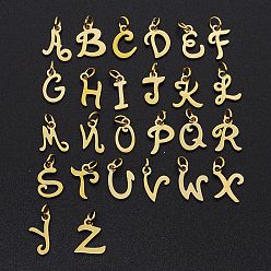 Золотой 201 прелести нержавеющей стали, лазерная резка, с прыжковых колец, алфавита A ~ Z, золотые, 12x6x1 мм, отверстие : 3 мм, 26 шт / комплект